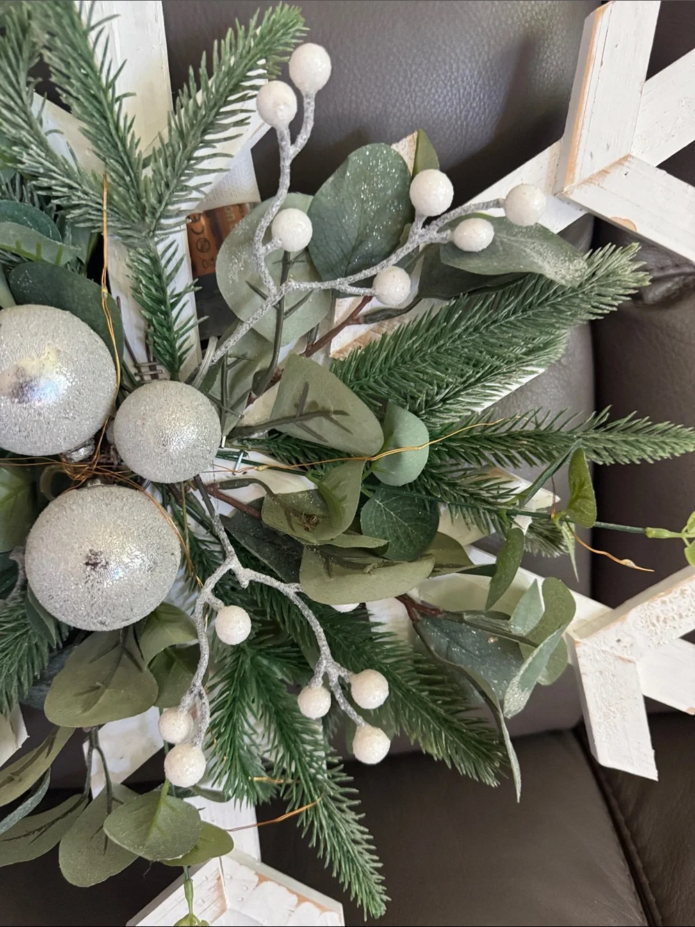 Festive White Snowflake Holiday Wall Wreath with Greenery and Lights